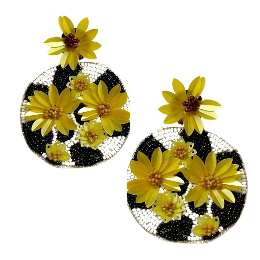 Cow Print Cowgirl Sunflower Fields Round Seed Beaded Earrings NEW - Picture 3 of 4
